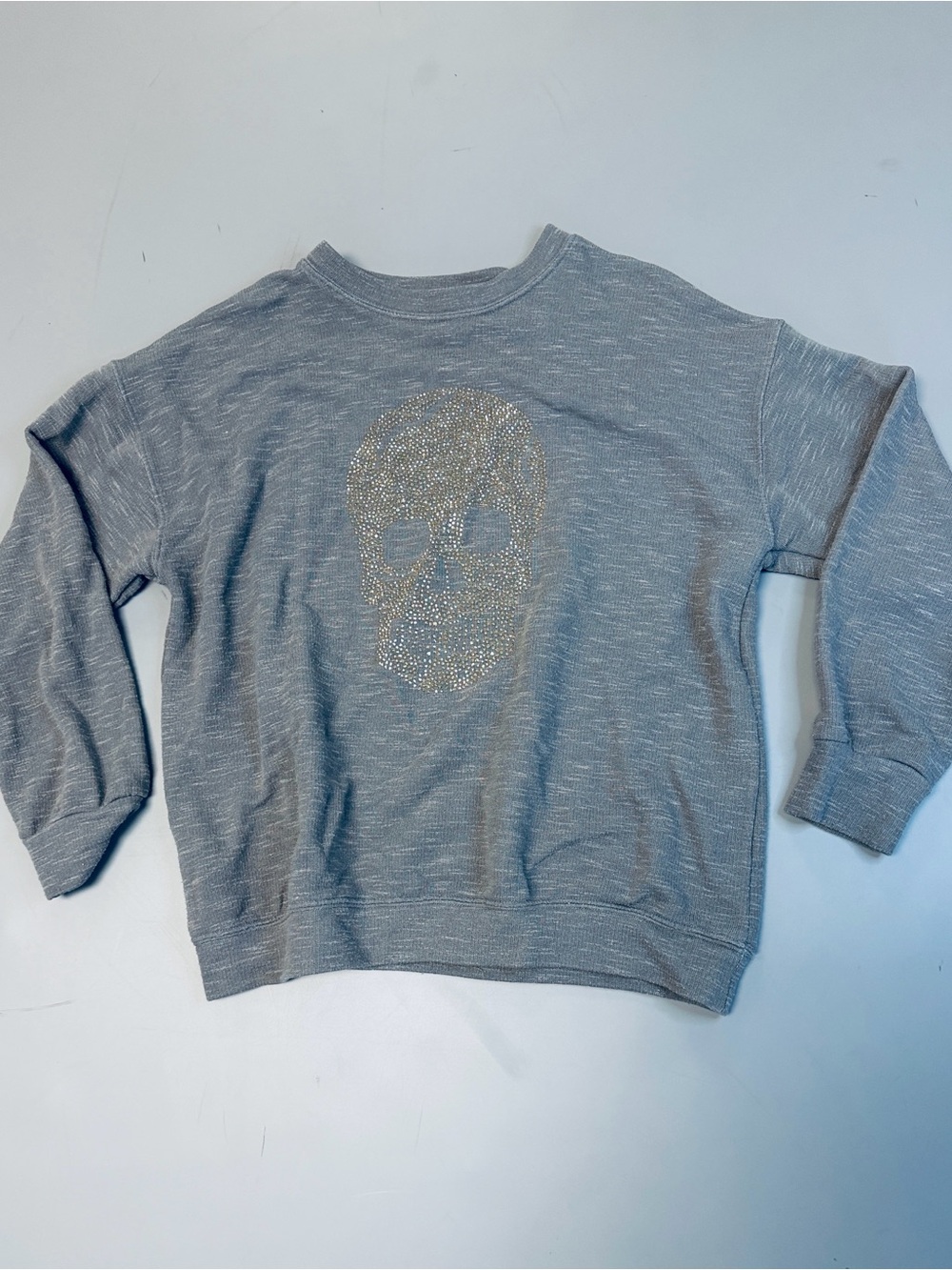 Gray Sweatshirt with Rhinestone Skull